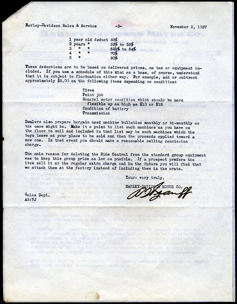  Original 1937 Harley-Davidson Motor Co. Letter