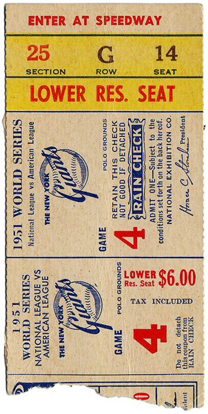 1951 World Series NY Giants vs NY Yankees Game 4 Ticket (Mantle and Mays Rookie Year)