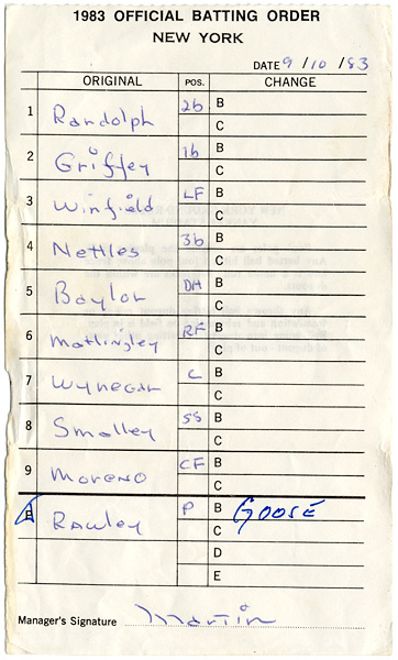 1983 NY Yankee Line-Up Card Signed by Billy Martin