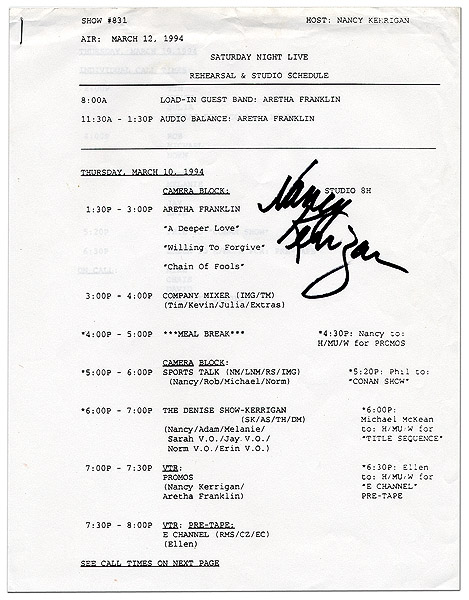 SOLD  Nancy Kerrigan Signed Saturday Night Live Rehearsal Schedule