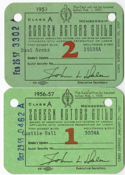 Lucille Ball & Desi Arnaz Original SAG Cards and Dues Receipt