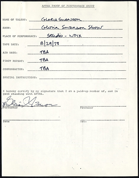 Gloria Swanson Signed AFTRA Proof Performance Sheet