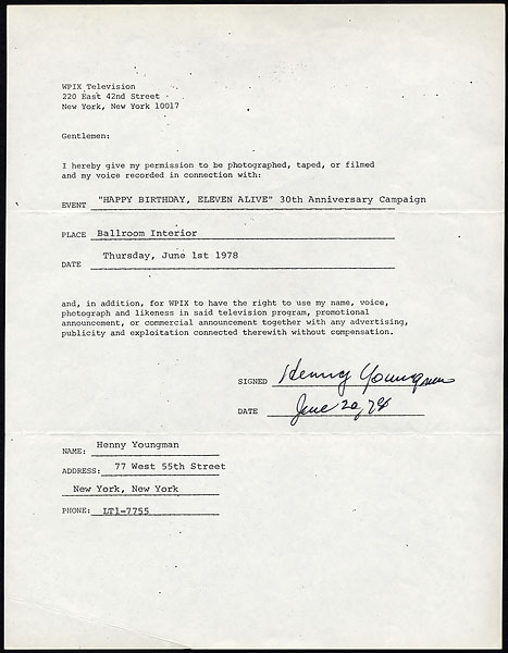 Henny Youngman Signed Contract Release