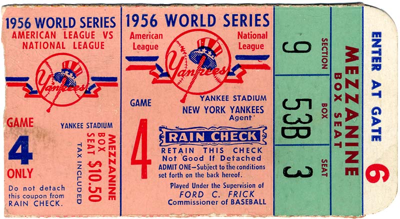 1956 NY Yankees World Series Mantle Homerun Ticket (Game 4)