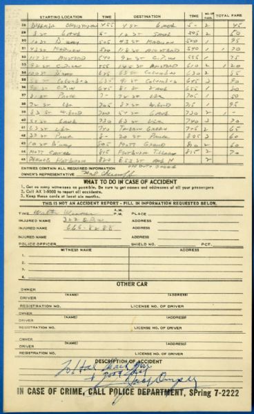 Jack Dempsey Vintage Signed New York City Cab Driver's Log Sheet