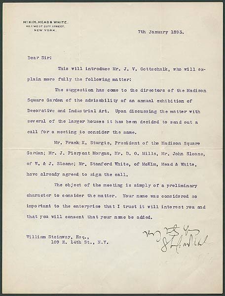Stanford White Signed 1893 Letter Promoting Madison Square Garden
