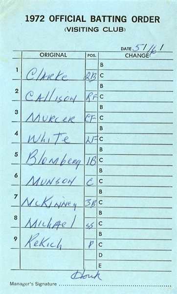 1972 New York Yankees Thurman Munson Line-Up Card
