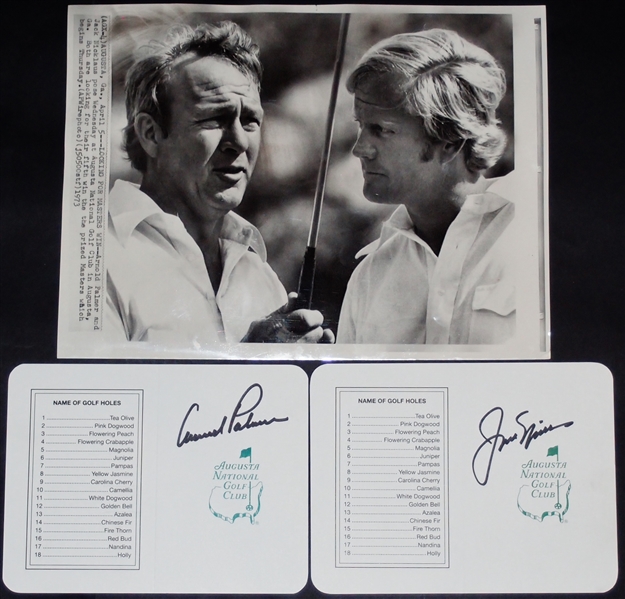 Original Palmer & Nicklaus Masters Tournament Photograph with Signed Scorecards