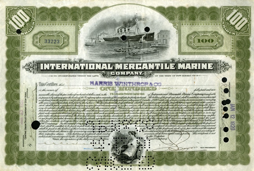 International Mercantile Marine (RMS Titanic) Company Stock Certificate