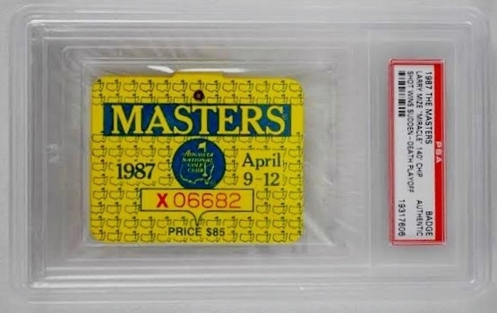 1987 Masters Tournament Badge & Larry Mize Signed Augusta Scorecard
