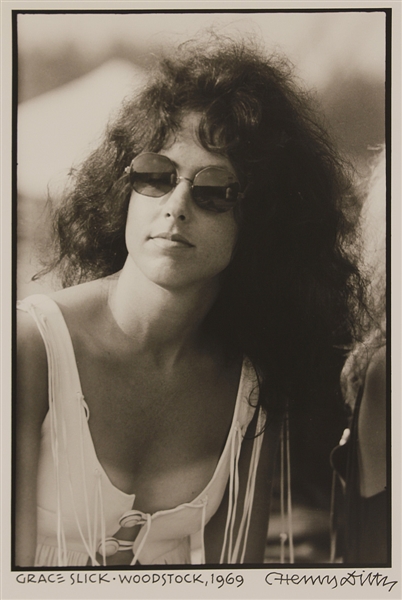 Grace Slick 1969 Woodstock Photograph Signed by Photographer Henry Diltz