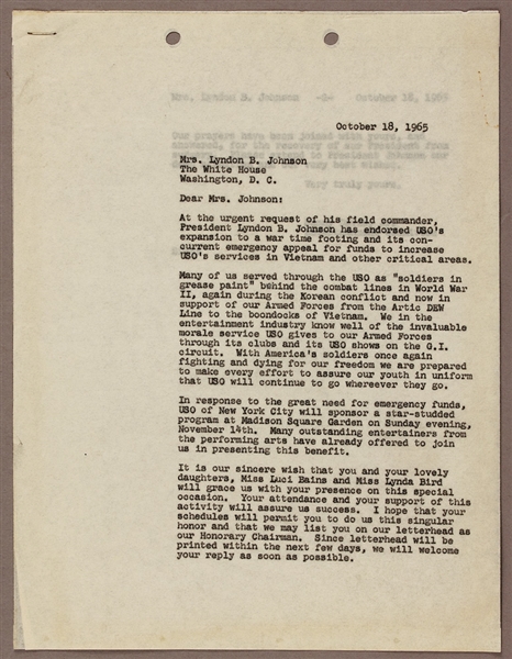 Sammy Davis, Jr. Original Letter To Lady Bird Johnson Regarding USO Services in Vietnam