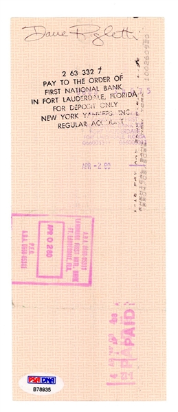 Dave Righetti Signed New York Yankees Check (PSA/DNA)