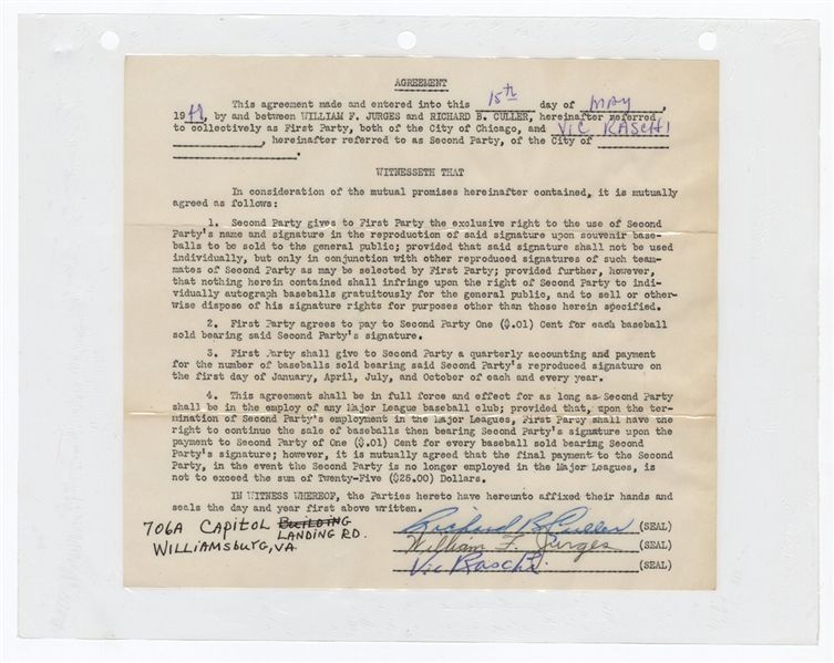 Vic Raschi Signed Souvenir Autograph Contract