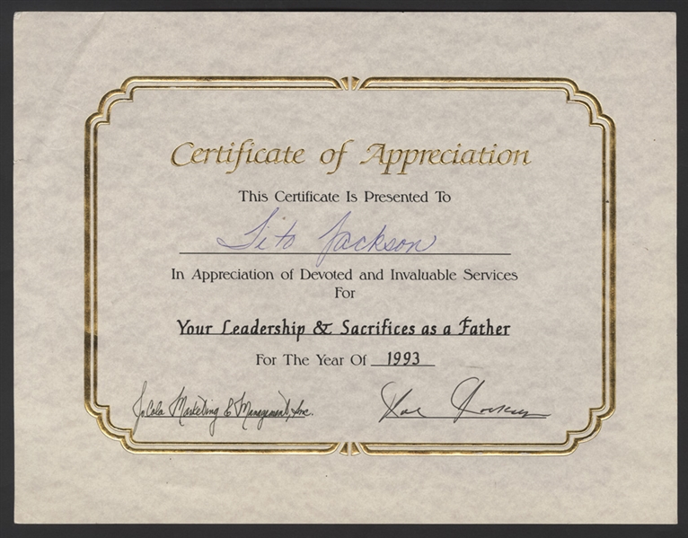 Jocola Certificate of Appreciation Presented to Tito Jackson and Signed by Joe Jackson