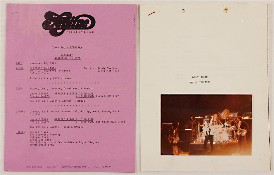 Tommy Bolin's Personal 1976 Tour Itineraries and CBS Records Earnings Documents